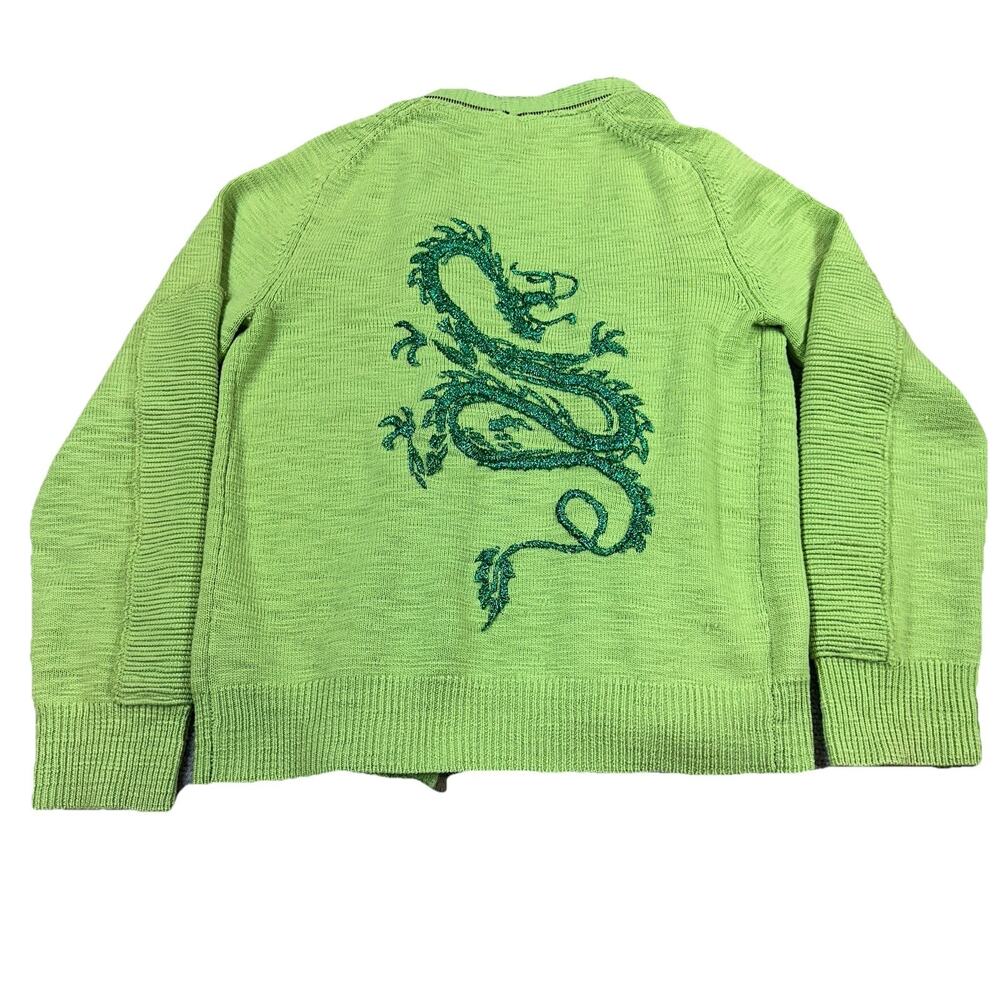 IISLI New York Dragon Wool Knit Sweater Womens L Green Double Zip Y2K Gothic